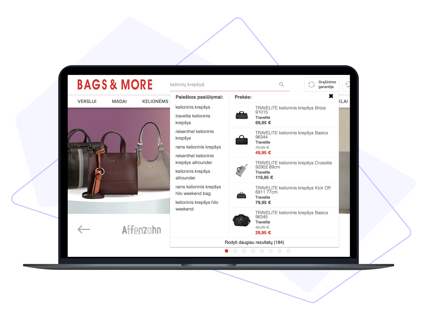 Laptop showing Bags&More online store using LupaSearch visual search results for handbags