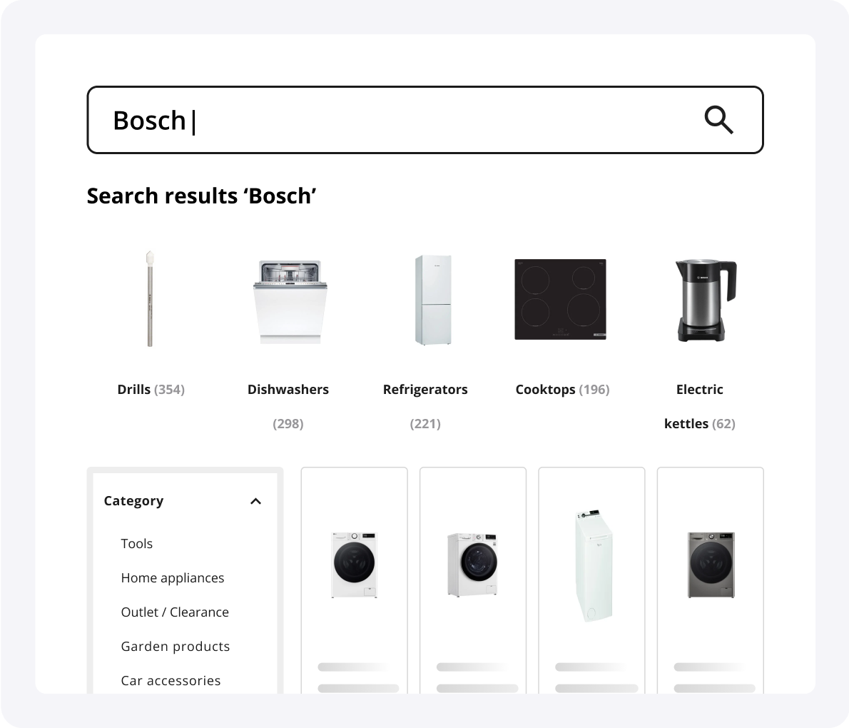 LupaSearch intelligent subcategory filters for ecommerce search Intelligent subcategory filters in LupaSearch ecommerce site search, showing relevant categories for generic queries like “Bosch”