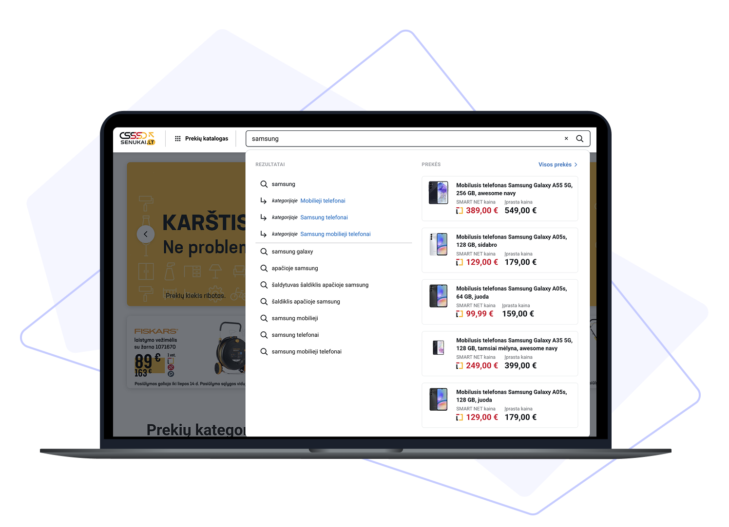 Image of a laptop displaying the Kesko Senukai website