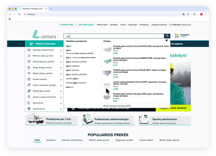 Demo video of Lemora.lt site search with LupaSearch autocomplete and product suggestions.