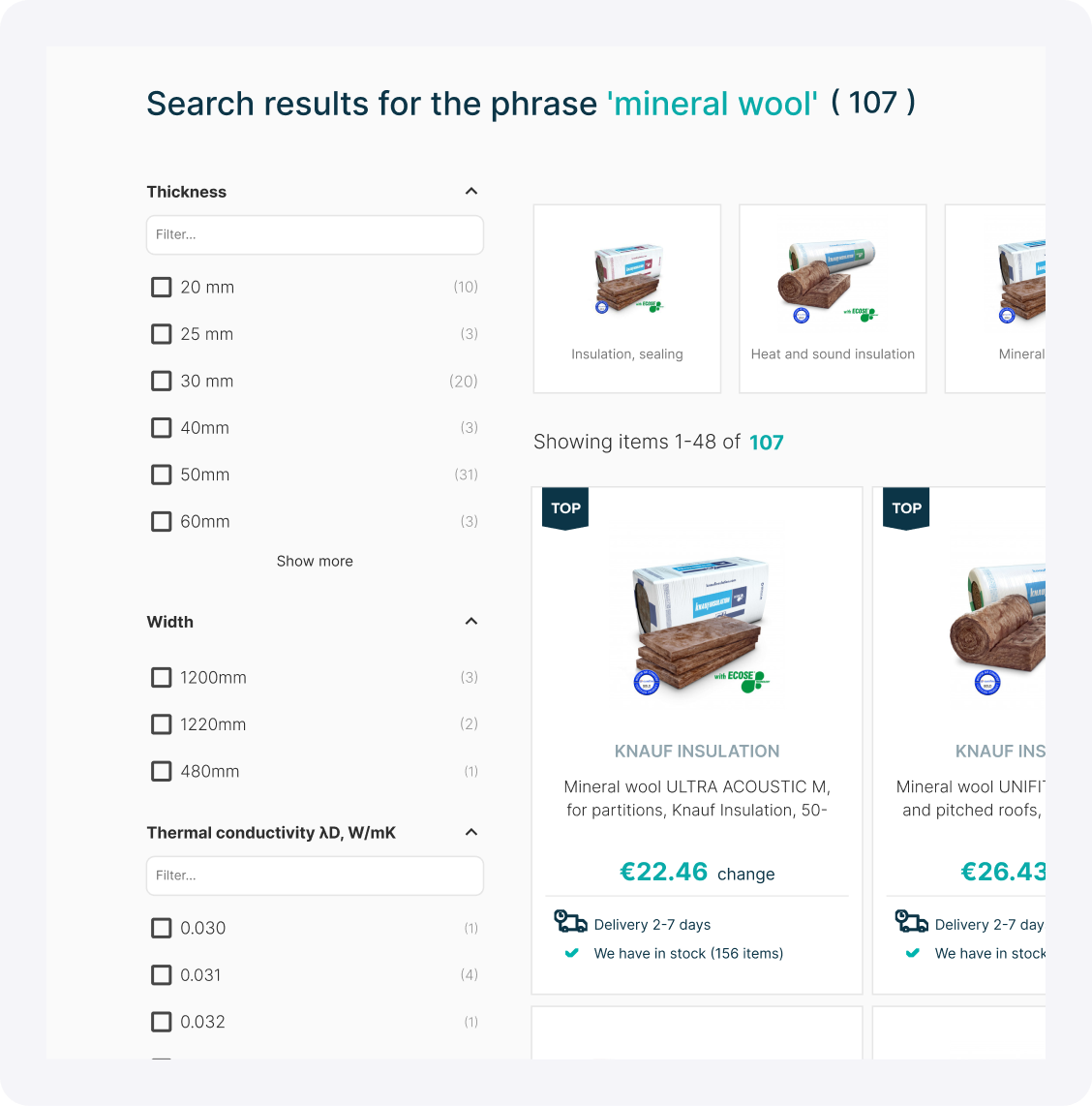 Search results for ‘mineral wool’ showing dynamic faceted navigation filters like thickness, width, and thermal conductivity