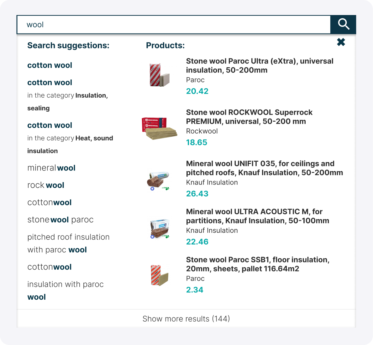 Search-as-you-type autocomplete showing semantic suggestions and product results for ‘wool’ in Lemora.it site search.