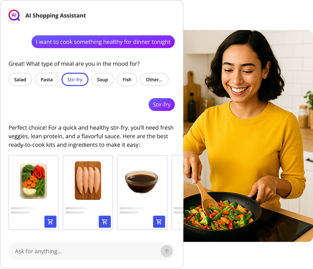 Turn search into a conversation with an AI shopping assistant that understands customer intent AI shopping assistant helping a customer find cooking equipment by asking clarifying questions about cooking style and preferences