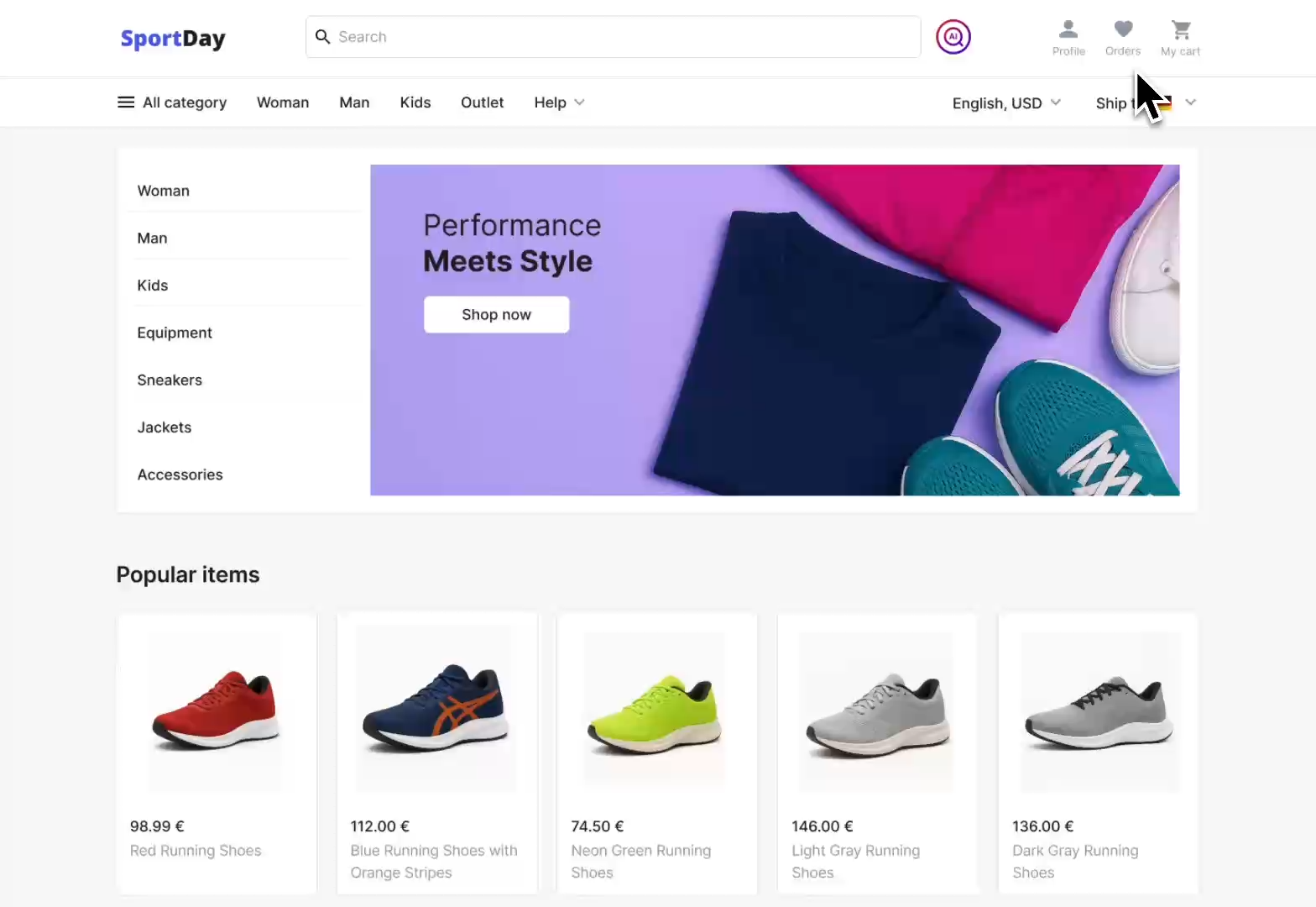 AI shopping assistant recommending running shoes in an ecommerce website interface